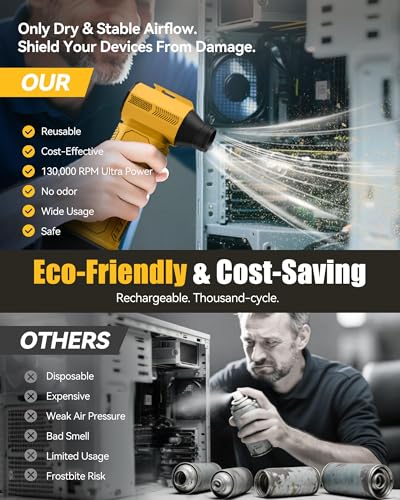 Compressed Air Duster, 130,000RPM Ultra-Powerful Electric Air Duster | Compatible with DEWALT 20V/60V Max Battery, 4-Gear Adjustable Air Blower for Computer/Keyboard/Car/Home (No Battery Included) - color: Yellow