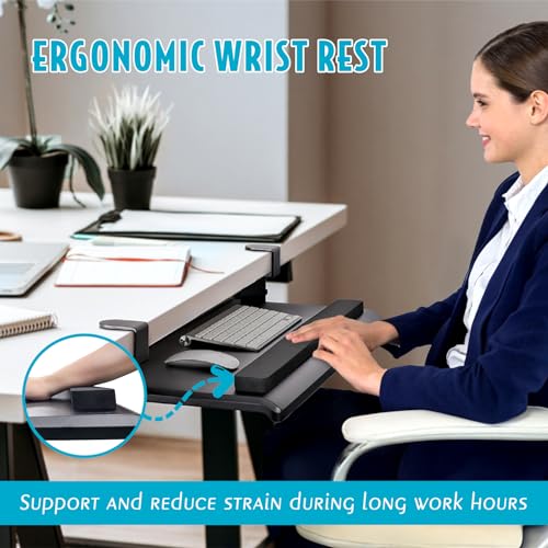 EHO Large Ergonomic C-Clamp Keyboard Tray Mount Under Desk with Wrist Rest, Slide-Out Platform 27.5" (31.8" Including Clamps) x 12.5", Pull Out Keyboard & Mouse Tray for Home or Office, Black - size: 27.5 inch, style: Keyboard and mouse tray platform with