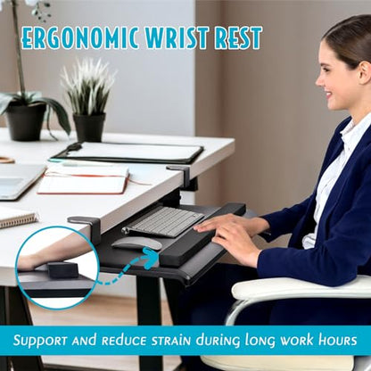EHO Large Ergonomic C-Clamp Keyboard Tray Mount Under Desk with Wrist Rest, Slide-Out Platform 27.5" (31.8" Including Clamps) x 12.5", Pull Out Keyboard & Mouse Tray for Home or Office, Black - size: 27.5 inch, style: Keyboard and mouse tray platform with