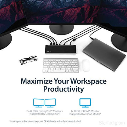 StarTech USB-C Triple 4K DisplayLink Dock, HDMI DP, Mac & Win, 100W, TAA | Universal, 5Gbps hub, Gigabit Ethernet, audio, K-slot, for Windows, macOS, Ubuntu and ChromeOS, 3.3ft (1m) host cable - size: 1.3" x 3.2" x 10.6" x 10.6", style: 100W Power Deliver