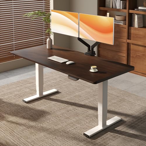 FLEXISPOT E6 MAX 1" Thick Beveled-Edge Solid Wood Standing Desk, 55"x28" Dual Motor 3-Stage Heavy Duty Workstation, 330lbs Weight Capacity Height Adjustable Desk(Black Walnut Rubberwood + White Frame) - color: White Frame+ Black Walnut Top, size: 55"x28"