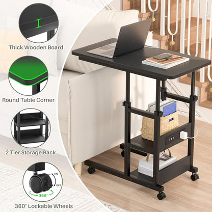 Height Adjustable End Table with Charging Station, Mobile C Shaped Laptop Side Table with Wheels, 3-Tier Sofa Couch Table with Storage Shelve for Living Room Bedroom, Black - color: Black