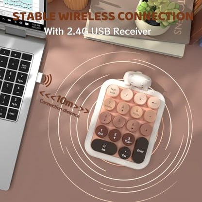 Ajazz AF18 Wireless Numeric Keypad, 2.4G USB Wireless Connection, Ergonomic 18-Key Compact Silicone Bear Design, Gradient Keycaps, Detachable & Portable Number Pad for PC, Laptop Milk Tea - color: Milk Tea