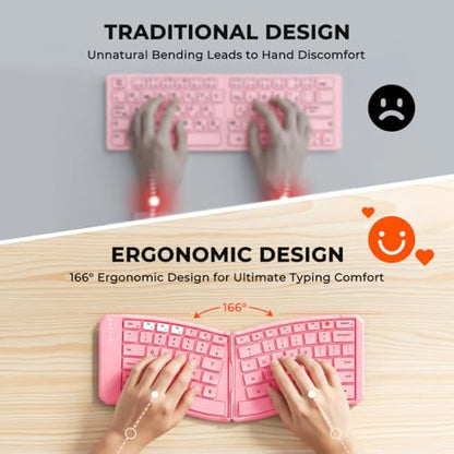 MEETION Foldable Ergonomic Bluetooth Keyboard, Split, Portable, Pink | Compact rechargeable folding keyboard with split ergonomic design, ideal for business travel, for Windows, Mac, iPad, Android - color: Pink