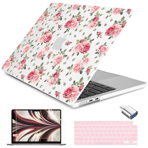 Batianda LumiArt Case for MacBook Air 13.6" M2-M5 Chip, Roses | 4-in-1 set with elegant cottagecore botanical design, slim hard shell protection for designers, women and girls floral lovers - color: Roses