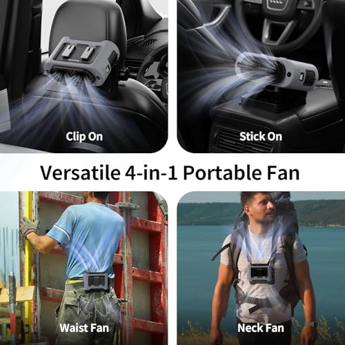 Socool Portable Car Fan - 14500mAh Rechargeable Battery Opearated, Clip on Car Seat Headrest 360 Rotatable, 5-Speed Backseat Fans for Baby Rear Facing Cooling with Dual Air Outlets for SUV RV Truck - color: Gray
