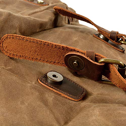WUDON Leather Backpack for Men, Waxed Canvas Shoulder Rucksack Carry-On Travel Backpack - color: Khaki-regular