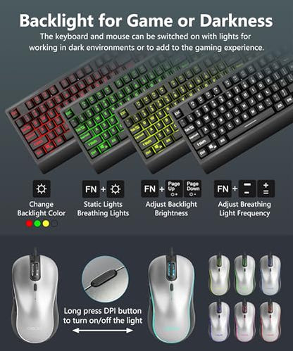 USB Wired Keyboard and Mouse Combo with Backlit, Large Print for Computer | Red/Green/Yellow Light Up, Silent, Multimedia Keys, Number Pad, 4 Levels DPI RGB Mouse for PC PS5 Office, Elderly Low Vision