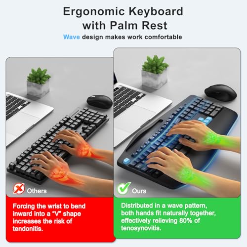 Wireless Keyboard and Mouse Combo, 2.4G Full Size Wave Keys Ergonomic Keyboard with Wrist Rest, Phone Holder, 3-Level DPI Wireless Silent Mouse with 6-Buttons, for Windows, Mac OS, Laptop (Blue Black) - color: Blue Black