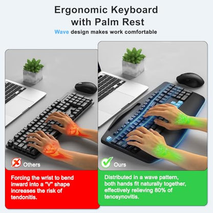 Wireless Keyboard and Mouse Combo, 2.4G Full Size Wave Keys Ergonomic Keyboard with Wrist Rest, Phone Holder, 3-Level DPI Wireless Silent Mouse with 6-Buttons, for Windows, Mac OS, Laptop (Blue Black) - color: Blue Black