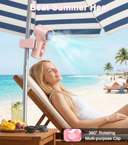 Portable Handheld Mini Fan with Ice Cooling Plate, Personal Clip On Turbo Fan Rechargeable, 18000 RPM 6 Speeds, 360° Detachable Clip, Pocket AC Fans Blow Cold Air for Beach Car Stroller Travel Makeup - color: Pink