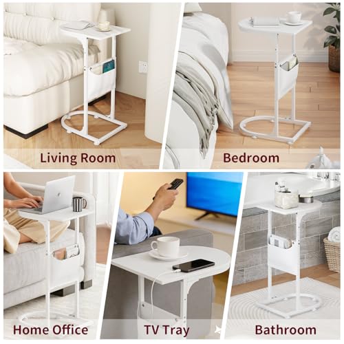 C Shaped End Table, Small Side Table for Couch, C Table that Slides Under Sofa with Storage Bag, TV Tray Table for Recliner, Living Room, Bedside, Bedroom, Small Spaces, White - color: Classic White