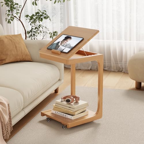 AQIMUELE Wooden C-Shaped End Table,Couch Table with Adjustable Desktop,Small Rolling Side Table with 2 Lockable Wheels,Small End Table for Couch, Living Room,Bedroom (Natural) - color: Natural, size: 15.6"D x 15.7"W x 24.8"H, style: Modern 2 Tier