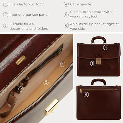Time Resistance Leather Briefcase - Italian Handmade Leather Laptop Bag - Handbag for Men - Professional Computer Case - color: Brown