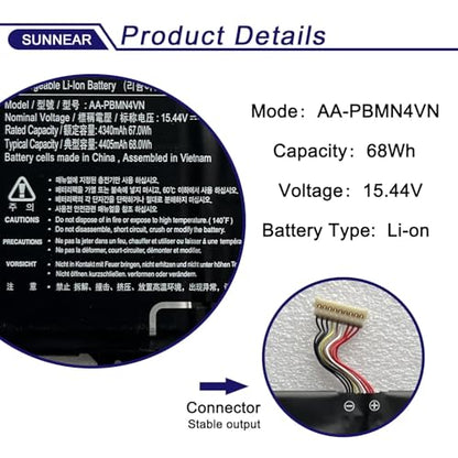 AA-PBMN4VN Laptop Battery Compatible with Samsung Galaxy Book Pro 360 15 15.6” NP950XDB NP950XDB-KA1US NP950XDB-KB1US NP950QDB Series BA43-00398 BA4300398 BA43-00398A 15.44V 68Wh 4405mAh