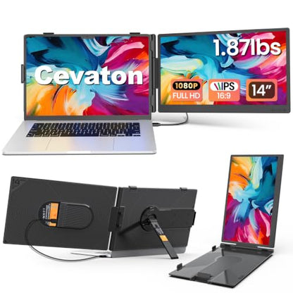 Cevaton 14.2" Laptop Screen Extender, 1.87 lbs Ultra-Thin Portable Monitor for Laptop, 1080P FHD Lightweight Travel Monitor for 14"-17.3" Laptops, Plug & Play, Compatible with Mac/Chrome/Wins/Android - size: 14-inch Screen