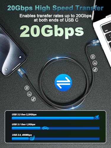 Short USB C 3.2 Gen 2x2 Video Cable for Monitor - 1FT / 0.35M | 8K@60Hz/4K@120Hz, 100W PD Fast Charging, 20Gbps Data Transfer, Compatible with iPhone 17/16/15, MacBooks, iPad, Carplay - size: 1FT