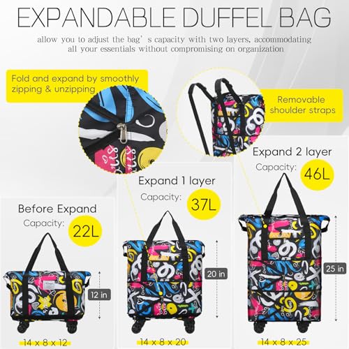VOOWO Duffel Bag with Wheels - Rolling Foldable Expandable Duffle Bag with Wheels for Travel, Rolling Luggage Carry On Bag with Wheels, Large Rolling Backpack Weekend Bags for Men Women (Black) - color: Graffiti