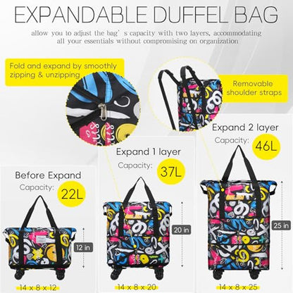 VOOWO Duffel Bag with Wheels - Rolling Foldable Expandable Duffle Bag with Wheels for Travel, Rolling Luggage Carry On Bag with Wheels, Large Rolling Backpack Weekend Bags for Men Women (Black) - color: Graffiti