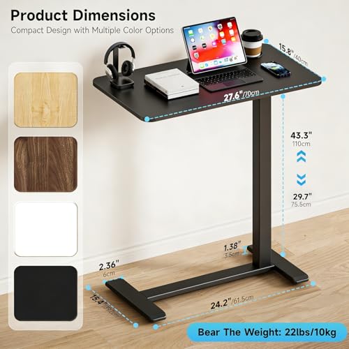 BIZUM Adjustable Hospital Bed Table on Wheels, Rolling Bedside Table Black | Adjustable height 29.7-43.3in, 27.6x15.8in surface, cup holder, 22lb capacity, pneumatic lift, 4 swivel wheels - color: Black