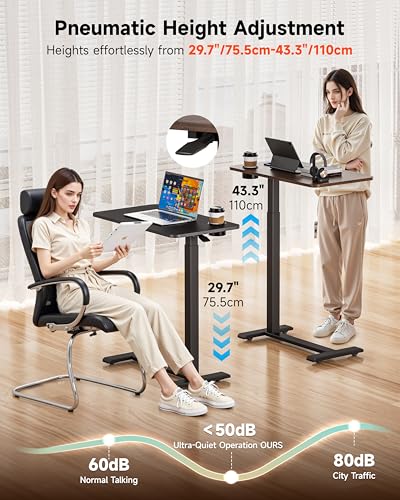 BIZUM Adjustable Bedside Table with Swivel Hidden Wheels Pneumatic Rolling Desk Mobile Standing Desk with Cup Holder for Hospital Home(27.6"x15.8" Walnut) - color: Walnut, size: 27.6"x15.8"