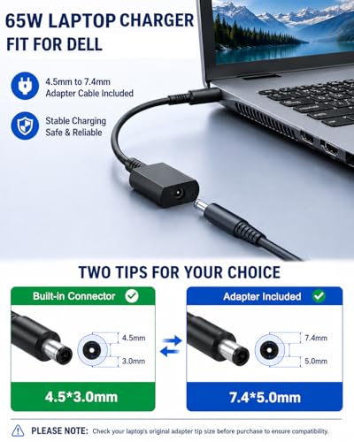 65W 45W Laptop Charger Fit for Dell Inspiron 15-3000 15-5000 15-7000 3530 3520 3593 3501 3521 3505 3511 3515 3535 3500 3510 1525 5500 5566 5755 P25T P24T P75F Replacement (UL Safety Certification)
