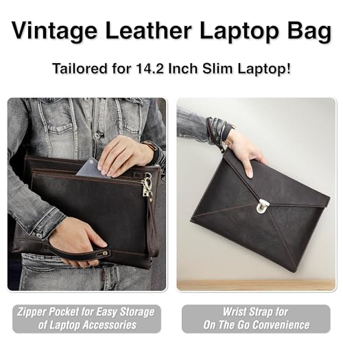 Top Grain Leather 14.2" Slim Laptop Bag Case, Envelope Style, Removable Wristlet & 3 Pockets, Fits MacBook Pro 14 Inch 2021 2022 M1 Pro/M1 Max A2442 & Other Laptop, Black Coffee 14.2 Inch - color: #7【Envelope Style】-Black Coffee-3 Pockets, size: 14.2" - F