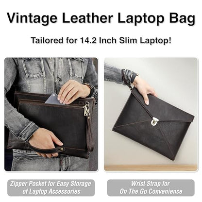 Top Grain Leather 14.2" Slim Laptop Bag Case, Envelope Style, Removable Wristlet & 3 Pockets, Fits MacBook Pro 14 Inch 2021 2022 M1 Pro/M1 Max A2442 & Other Laptop, Black Coffee 14.2 Inch - color: #7【Envelope Style】-Black Coffee-3 Pockets, size: 14.2" - F
