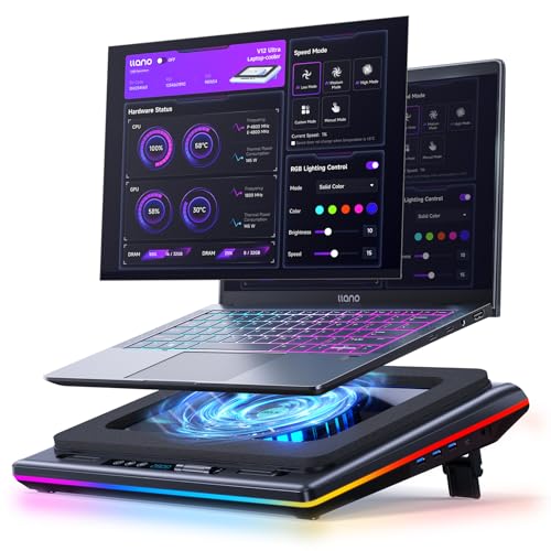 llano V12 Ultra Laptop Cooling Pad with Smart Software Control Laptop Fan | Laptop Stand RGB, 5.5" Turbo Fan, Adjustable Speed, 3-Port USB 3.0 Hub, 3 Height Stands, for 15.6"-19" Gaming Laptops, Black