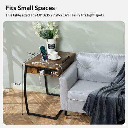 Hadulcet C Shaped End Table with Charging Station, Tiltable 0-52° | TV Tray Table Couch Tables That Slide Under, C Table End Table with Storage, Small Table Couch Desk for Small Spaces, Brown - size: 25.6"