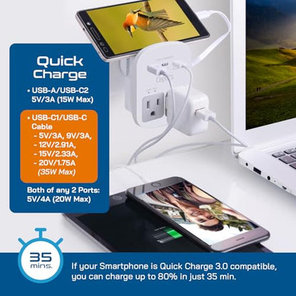 Ceptics 35W Universal Travel Adapter Kit – 2 USA sockets, USB-A, USBC, 1x PD 35W USB-C and USBC Cable, Surge Protected, Plugs for EU, UK, China, AU, Japan - for Laptop, Phone, Camera-ETL Tested - color: Beige