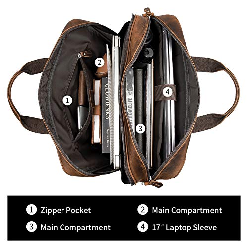 Leather Briefcase for Men 16" Laptop Shoulder Bag with Luggage Strap | 100% full-grain leather, YKK zip, fits 15.6-17" laptop, shoulder strap, 17x6.5x12", 4.2lb