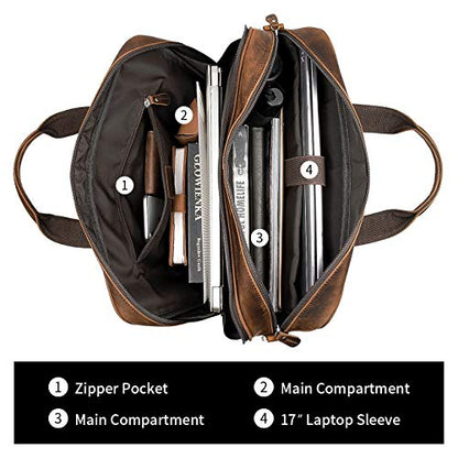 Leather Briefcase for Men 16" Laptop Shoulder Bag with Luggage Strap | 100% full-grain leather, YKK zip, fits 15.6-17" laptop, shoulder strap, 17x6.5x12", 4.2lb