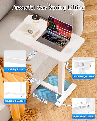 BIZUM Mobile Standing Desk Laptop Desk Pneumatic with Wheels 180° Tilt Top Hospital Bed Table Portable Rolling Cart Foldable Bedside Table for Hospital&Home Use, White - color: White