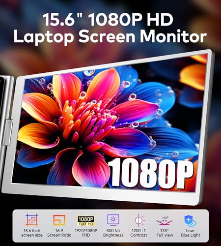 15.6" Laptop Screen Extender Monitor Portable, Quad Monitor, Just 1 Cable for 3 Screens, FHD 1080P IPS Laptop Extender Compatible with Wins/Mac for 13.6" ~ 17.3" Laptops