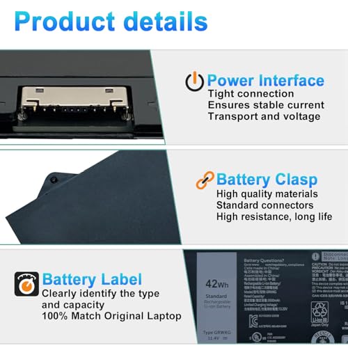 GRWKG 42Wh Battery Replacement for Dell Latitude 3340 3440 3450 3540 3550 5340 5350 5440 5450 5540 5550 7455 Precision 3480 3490 3580 3590 Series JTG7N 0V7TXF R73TC DR02P V7TXF 11.4V - size: 11.42*3.86*0.71inch GRWKG