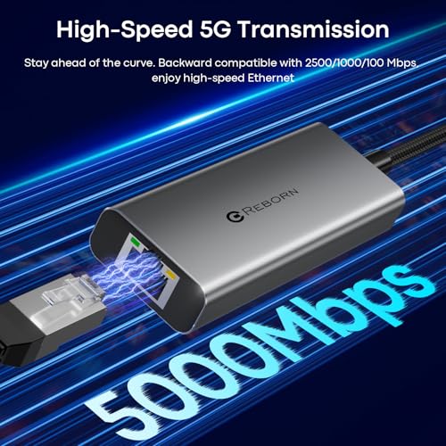 Reborn USB C to Ethernet 5Gb Adapter (0.98FT), Aluminum USB-C to RJ45 5 Gigabit Network Adapter Compatible with USB4, Thunderbolt 5/4, Plug & Play for MacBook, XPS Laptop, and USBC Devices