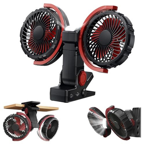 Dual Head Clip on Fan Battery Powered with Light,Portable USB Rechargeable Powerful Desk Table Fans,360°Rotation Cooling Clamp Fans for Car,Golf Cart,Treadmill,Kitchen,Outdoor Travel Camping(Black) - color: Black