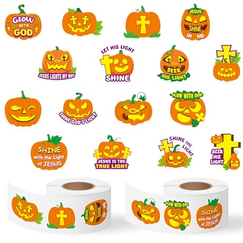 Haooryx Halloween Religious Sticker Rolls - 1000Pcs Religious Theme Pumpkin Bible Verse Stickers Self Adhesive Waterproof Vinyl Water Bottle Page Activity Pad Fall Halloween Party Favor Greeting Card - style: Religious Halloween Pumpkin 2Roll