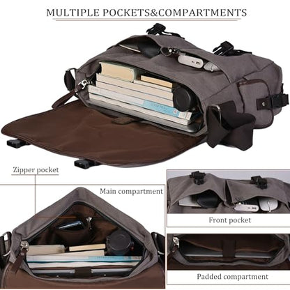 15.6 Inch Laptop Messenger Bag for Men Women, Canvas Computer Shoulder Bag, Work Briefcase for Business College Travel | Anti-theft Design - color: Grey