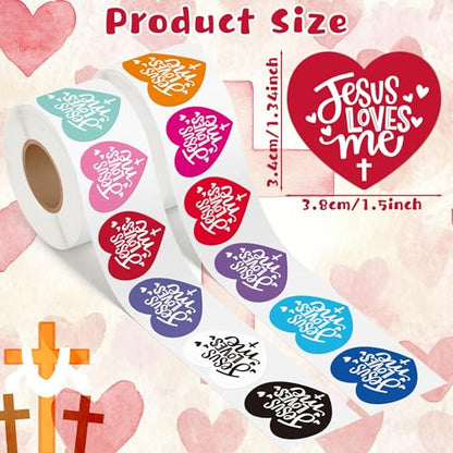 CNhoqc Easter Jesus Sticker Rolls - 1000Pcs Jesus Loves Me Heart Self-Adhesive Sticker Junk Journal Water Bottle Laptop Vinyl Easter Basket Stuffers Birthday Party Church Event Scrapbooking Supplies - style: Jesus Loves Me（Heart-Shape）
