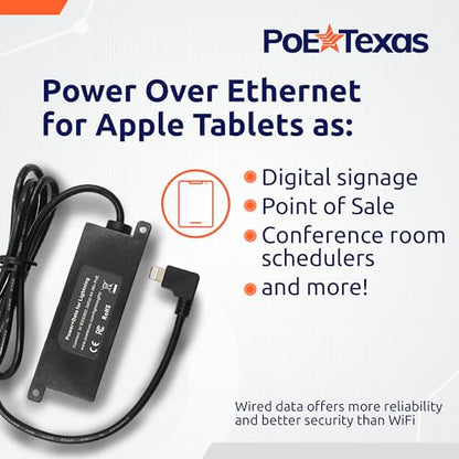 PoE Texas Ethernet to Lightning Adapter - 12 Watt Power and Data for iPad Tablets, iPhone - 802.3af PoE Splitter for POS, Kiosks, Digital Signage - Extends Power and Data Up to 328 Feet - size: 5 Volt 12 Watt - Lightning + Data