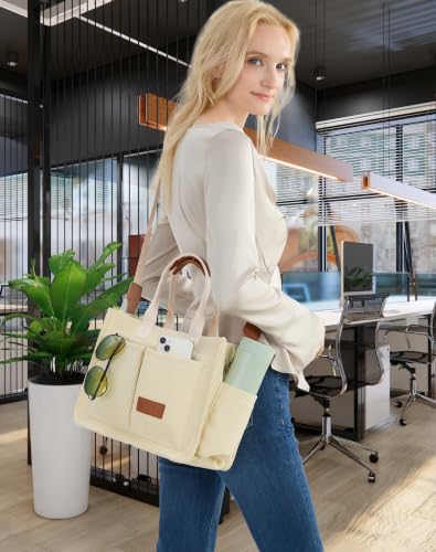 Canvas Tote Bag for Women,Women's Bags Crossbody Bags Work Laptop Tote Bag Large Handbags Purse for Travel Nurse Teacher - color: New Upgrade Beige With Compartments and Side Cup Holders