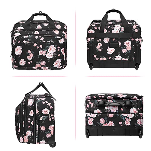 MOSISO Rolling Briefcase Laptop Bag for Women, Wheel Briefcase Teacher Bag for 15.6 inch with Coded Lock, Overnight Camellia Rolling Computer Bag on 2 Wheels with Belt for Work Travel Business, Black