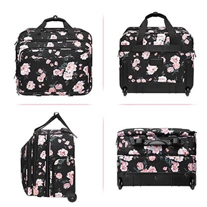 MOSISO Rolling Briefcase Laptop Bag for Women, Wheel Briefcase Teacher Bag for 15.6 inch with Coded Lock, Overnight Camellia Rolling Computer Bag on 2 Wheels with Belt for Work Travel Business, Black
