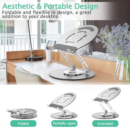 Laptop Stand for Desk Adjustable Computer Stand with 360 Rotating Base Ergonomic Laptop Riser Mount for Desk Foldable Protable Computer Desk Fits with MacBook Pro Air, Round - color: Round, Silver