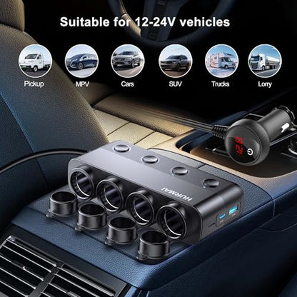 Cigarette Lighter Splitter 216W 4 Socket USB C Car Adapter for Truck SUV | 216W PD30W/QC3.0 USB-C fast charge. 4 sockets. 12V/24V heavy-duty. Switches, dust cover & waterproof for trucks/cars.