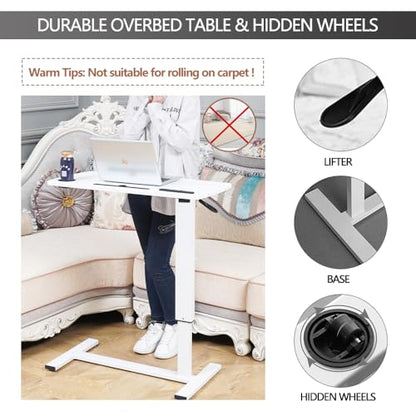 Over Bed Table Pneumatic Adjustable Height Stand Desk with Hidden Wheels USB Ports Pad Slot Mobile Laptop Standing Desk Cart, Podium Table (White, 32X16 inshes) - color: White
