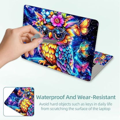 Universal Laptop Skin Decal, 3-Piece Vinyl Protector for 12 13 14 15.6" Notebook, Waterproof Anti-Scratch, Easy Trim & Bubble-Free Finish, Owl with Large Glasse and Flower - color: Owl with Large Glasse and Flower
