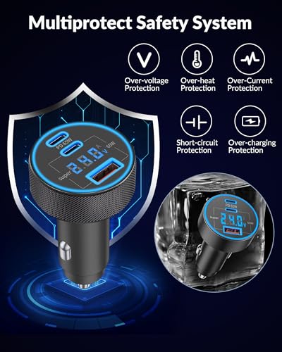 Car Charger USB C, 130W 3-Port Fast Cigarette Lighter USB Charger Adapter | with Voltage Display,12V-24V USB Outlet, Super Fast Charging for iPhone 17 16 15 14 13 12 Galaxy iPad MacBook Android Phone